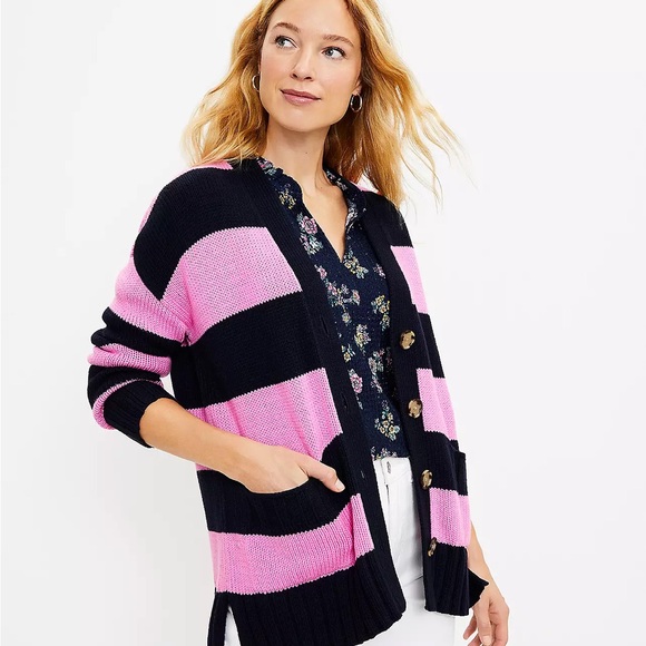 NWT Loft Striped Relaxed V-Neck Pocket Cardigan Sz Small Pink Navy Striped 🆕🌞 - Picture 2 of 6